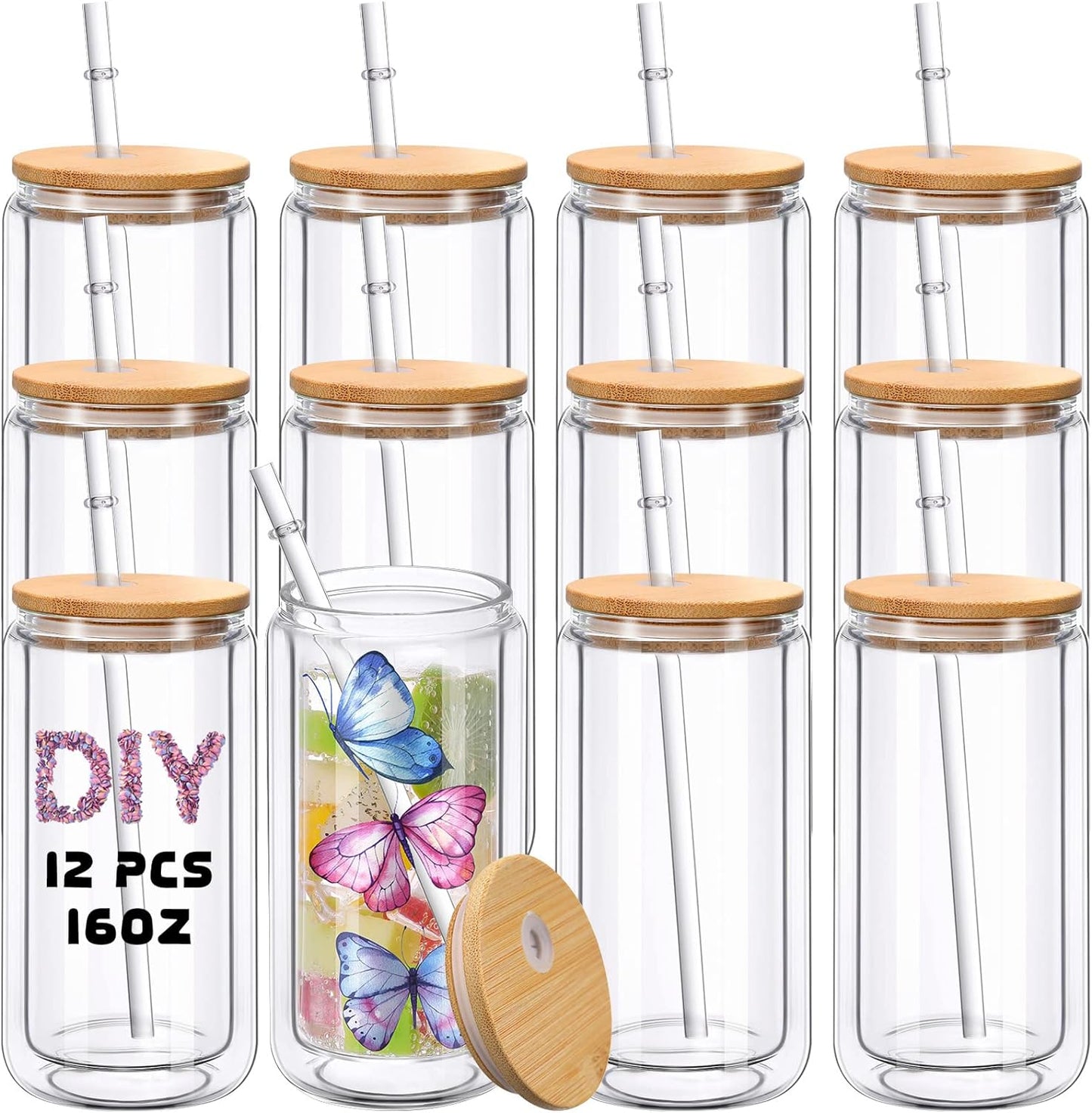 12 Pack - 12oz Sublimation Double-walled Glass Tumbler with Bamboo Lid and Plastic Straw BulkCrafting Blanks