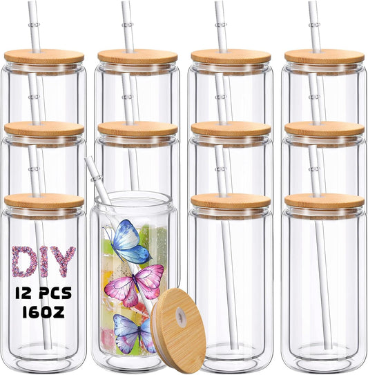 12 Pack - 12oz Sublimation Double-walled Glass Tumbler with Bamboo Lid and Plastic Straw BulkCrafting Blanks