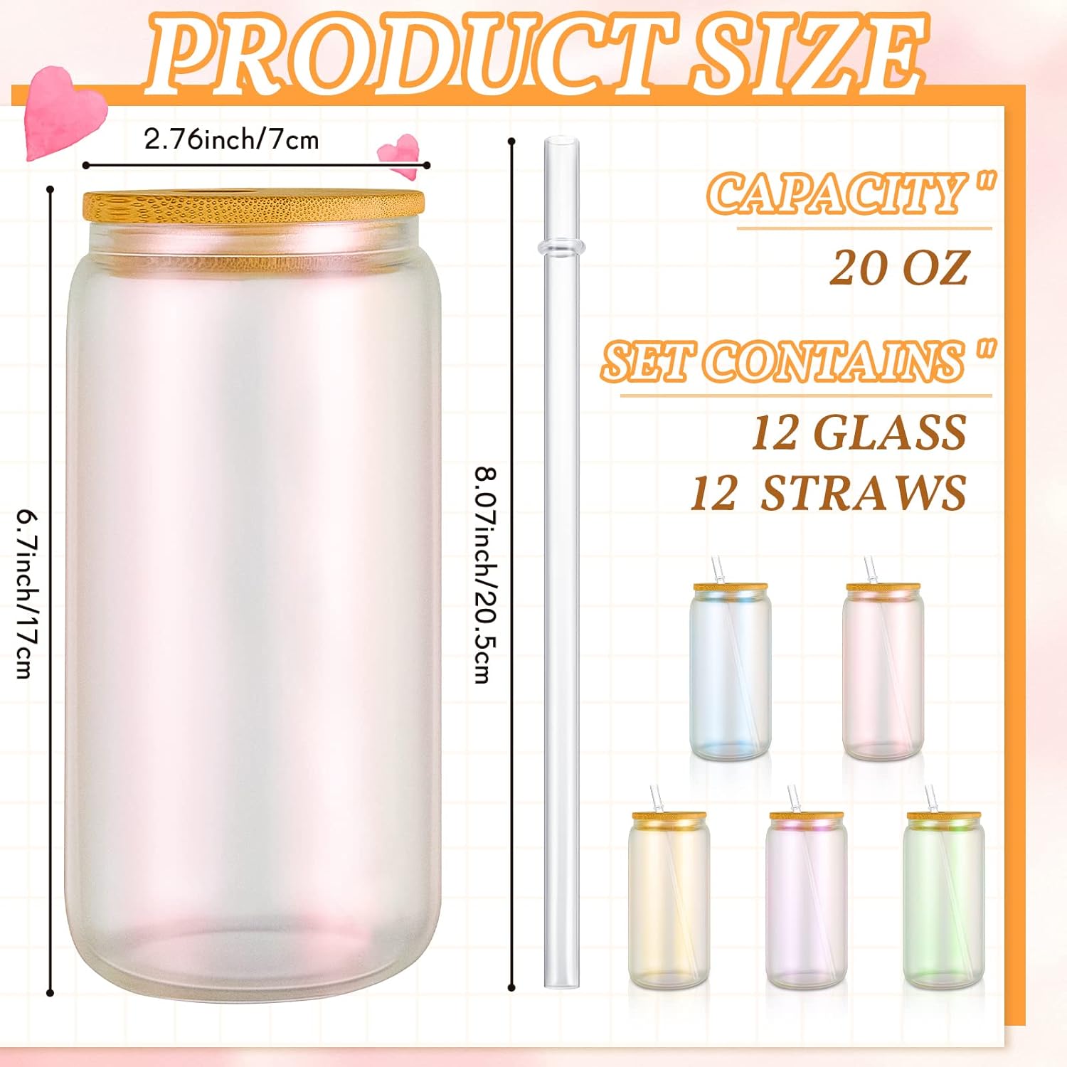 12 Pack - 20oz Sublimation Iridescent Glass Tumblers with Bamboo Lid and Straw BulkCrafting Blanks