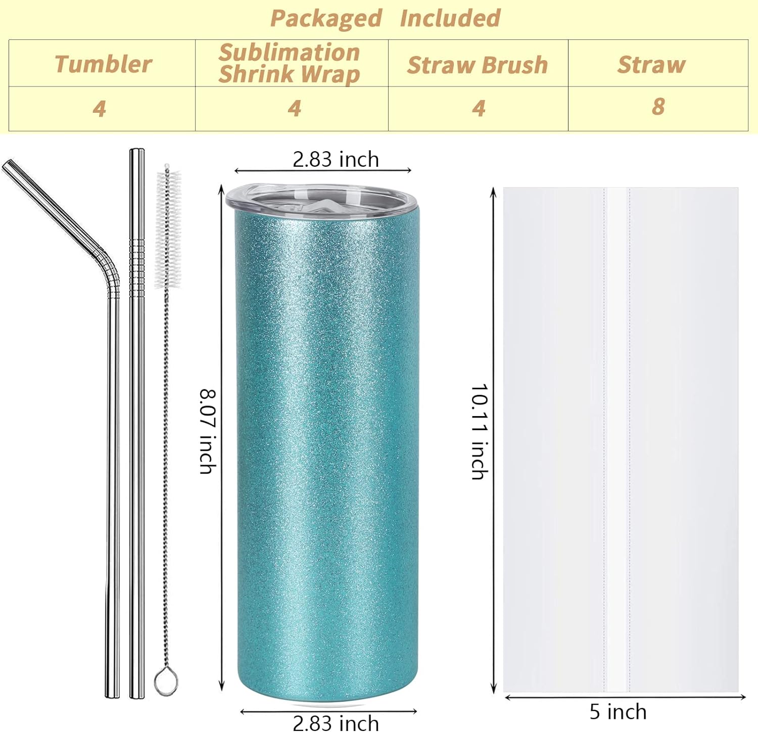 4 Pack - Various Colours - 20oz Glitter Sublimation Skinny Tumblers BulkCrafting Blanks