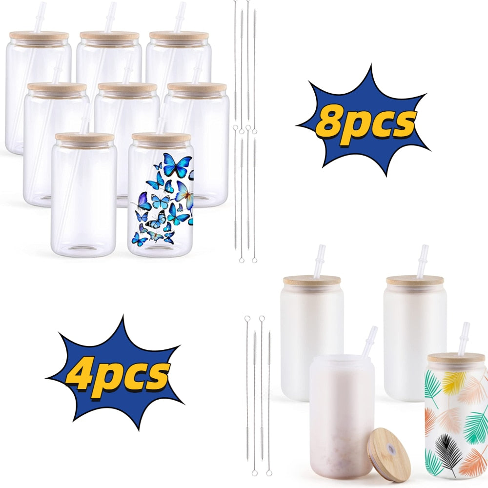 4 or 8 Pack 16OZ Clear Glass Sublimation Tumblers with Bamboo Lid BulkCrafting Blanks