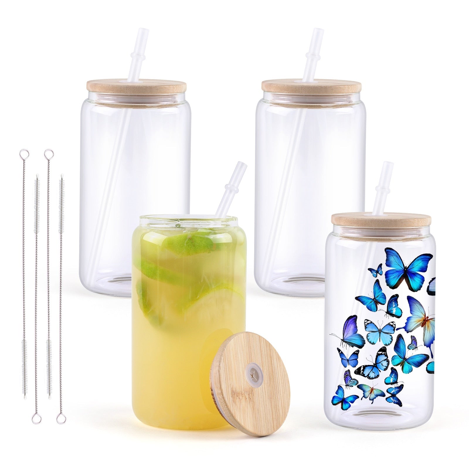 4 or 8 Pack 16OZ Clear Glass Sublimation Tumblers with Bamboo Lid BulkCrafting Blanks