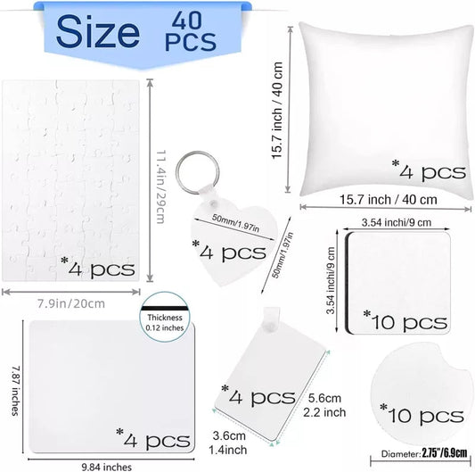 40 Piece Pack of Mixed Sublimation Blanks Including - Keychains, Coasters, Mouse Pads, Puzzles, Cushion Covers BulkCrafting Blanks