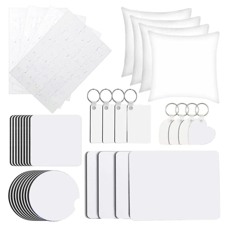 40 Piece Pack of Mixed Sublimation Blanks Including - Keychains, Coasters, Mouse Pads, Puzzles, Cushion Covers BulkCrafting Blanks