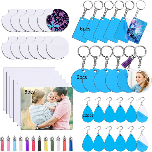 42Pcs Mixed Sublimation Blanks - earrings, keychains, mouse pads, coasters BulkCrafting Blanks