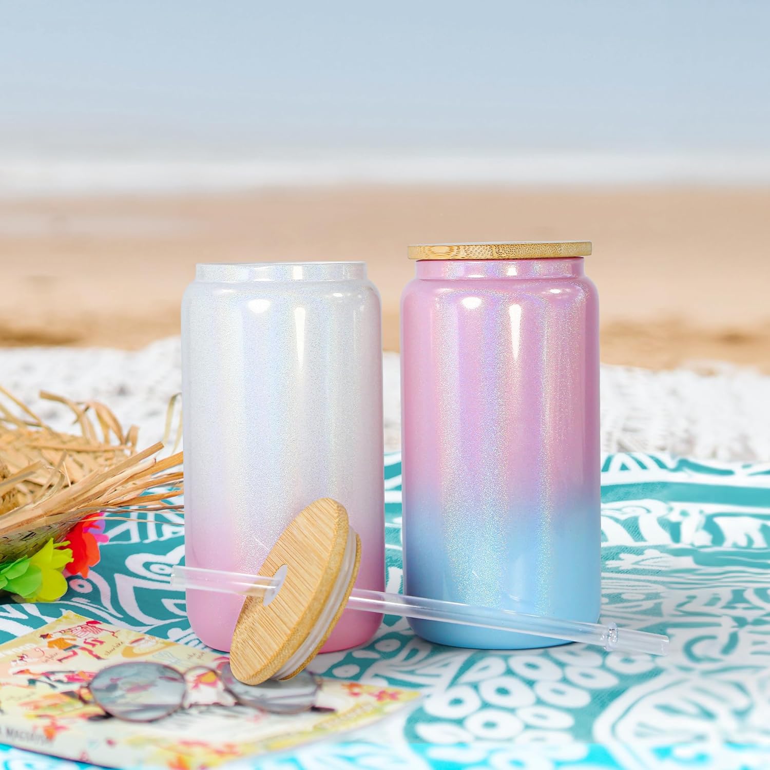 Set of 4 Colors - 16 oz Iridescent Glass Sublimation Tumblers w/ Bamboo Lid
