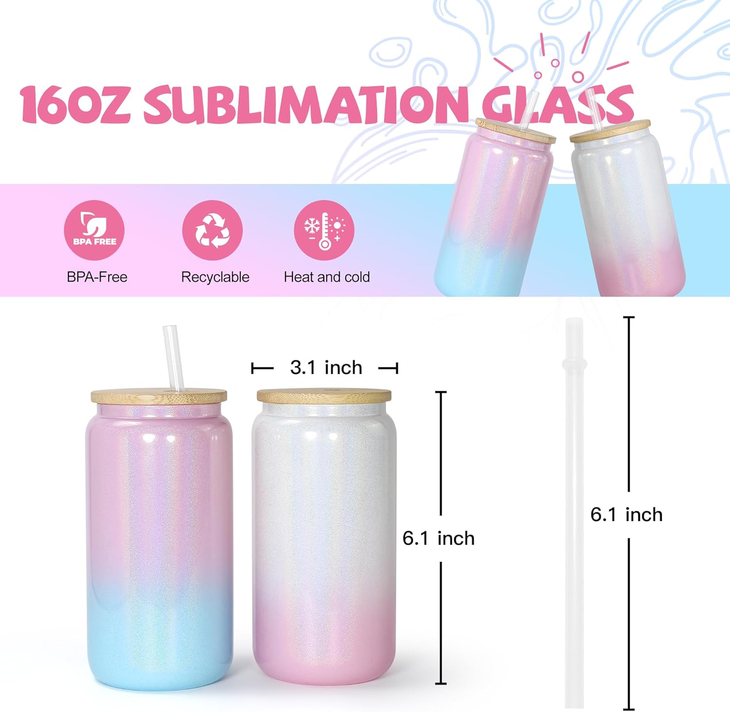 6 Pack - 16oz Sublimation Glass Tumblers with Bamboo Lid and Straw BulkCrafting Blanks