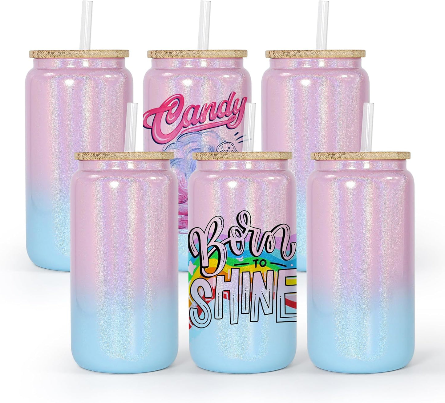 6 Pack - 16oz Sublimation Glass Tumblers with Bamboo Lid and Straw BulkCrafting Blanks